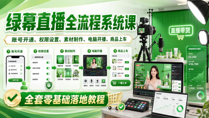 绿幕直播全流程系统课，账号开通、权限设置、素材制作、电脑开播、商品上车全套零基础落地教程-爱搭资源网