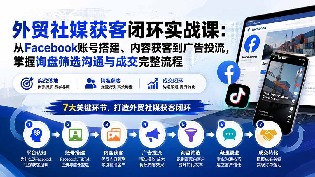 外贸社媒获客闭环实战课：从Facebook账号搭建、内容获客到广告投流，掌握询盘筛选沟通与成交完整流程-爱搭资源网