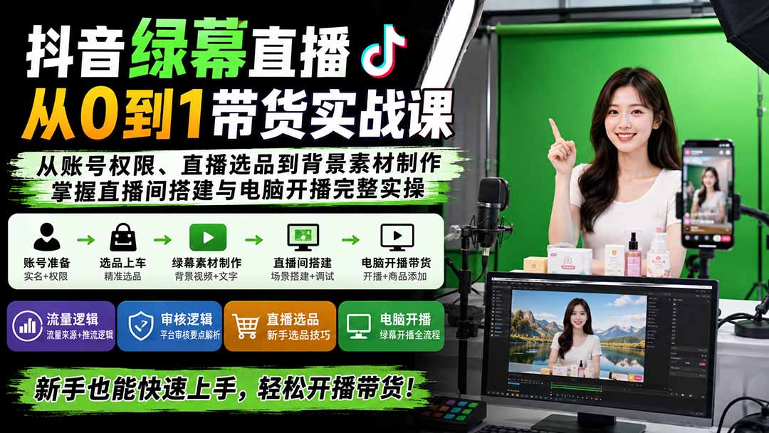 抖音绿幕直播从0到1带货实战课：从账号权限、直播选品到背景素材制作，掌握直播间搭建与电脑开播完整实操-爱搭资源网