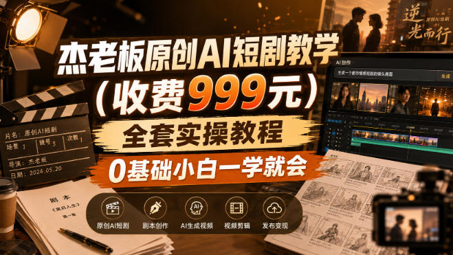 杰老板原创AI短剧教学(收费999元)，全套实操教程，0基础小白一学就会，非搬运技术-爱搭资源网