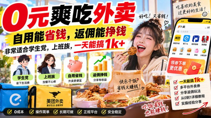 0元爽吃外卖，自用能省钱，返佣能挣钱，非常适合学生党，上班族，一天能搞1k+-爱搭资源网