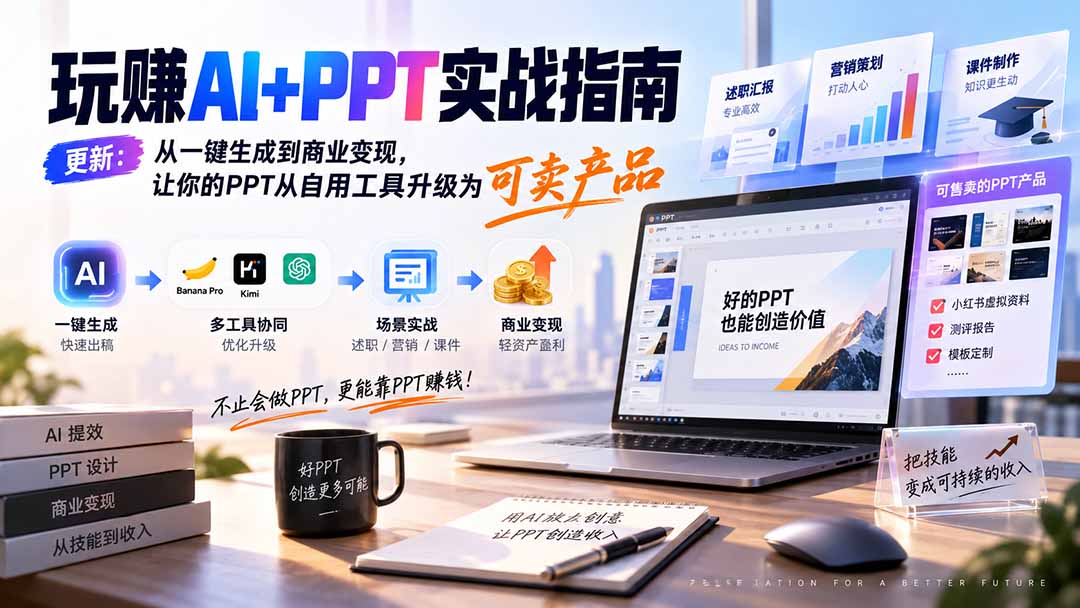 玩赚AI+PPT实战指南-更新5月13：从一键生成到商业变现，让你的PPT从自用工具升级为可卖产品-爱搭资源网