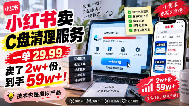 小红书卖C盘清理服务，一单29.99，卖了2w+份，技术也是虚拟产品-爱搭资源网