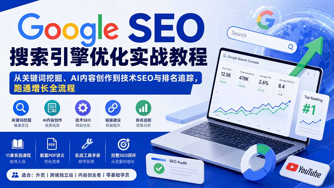 Google SEO搜索引擎优化实战教程：从关键词挖掘、AI内容创作到技术SEO与排名追踪，跑通增长全流程-爱搭资源网