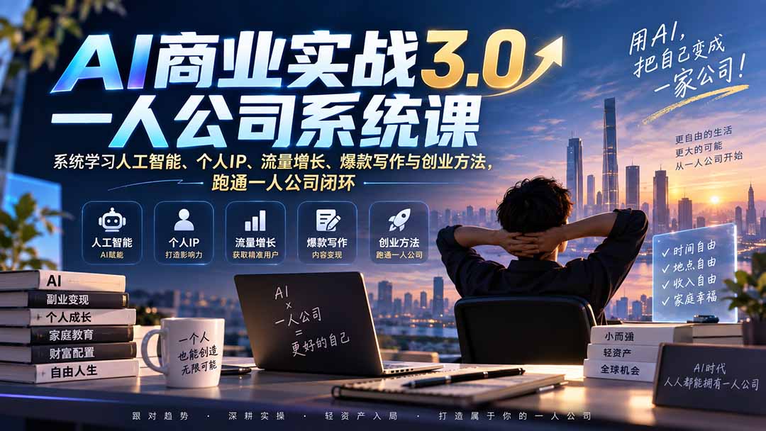 AI商业实战3.0一人公司系统课：系统学习人工智能、个人IP、流量增长、爆款写作与创业方法，跑通一人公司闭环-爱搭资源网