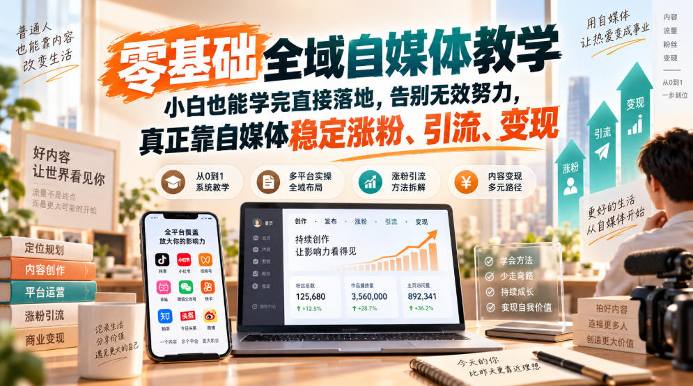 零基础全域自媒体教学，小白也能学完直接落地，告别无效努力，真正靠自媒体稳定涨粉、引流、变现-爱搭资源网