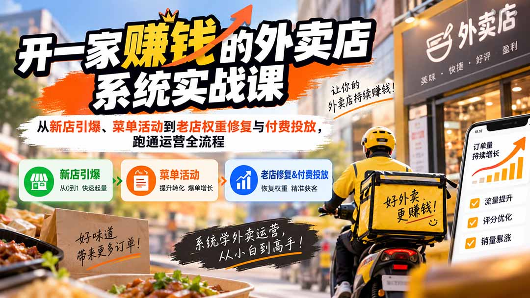 开一家赚钱的外卖店系统实战课：从新店引爆、菜单活动到老店权重修复与付费投放，跑通运营全流程-爱搭资源网