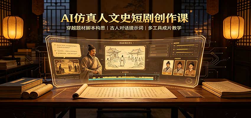 AI仿真人文史短剧创作课：穿越题材脚本构思，古人对话提示词，多工具成片教学-爱搭资源网