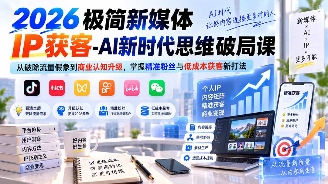 2026极简新媒体IP获客-AI新时代思维破局课：从破除流量假象到商业认知升级，掌握精准粉丝与低成本获客新打法-爱搭资源网