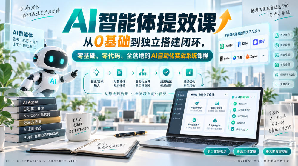 AI智能体提效课，从0基础到独立搭建闭环，零基础、零代码、全落地的AI自动化实战系统课程-爱搭资源网
