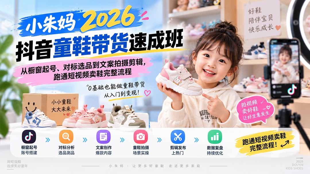 小朱妈2026抖音童鞋带货速成班：从橱窗起号、对标选品到文案拍摄剪辑，跑通短视频卖鞋完整流程-爱搭资源网