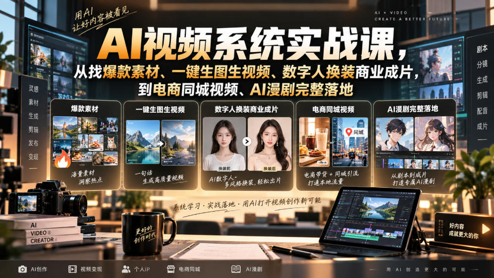 AI视频系统实战课，从找爆款素材、一键生图生视频、数字人换装商业成片，到电商同城视频、AI漫剧完整落地-爱搭资源网