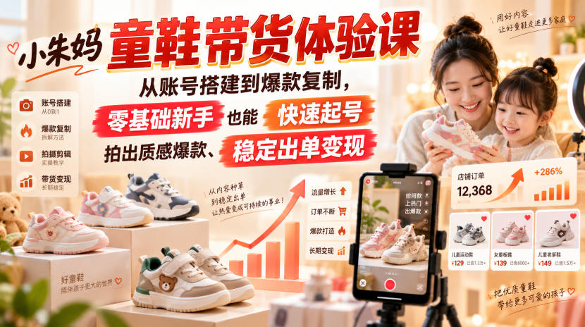小朱妈童鞋带货体验课，从账号搭建到爆款复制，零基础新手也能快速起号、拍出质感爆款、稳定出单变现-爱搭资源网