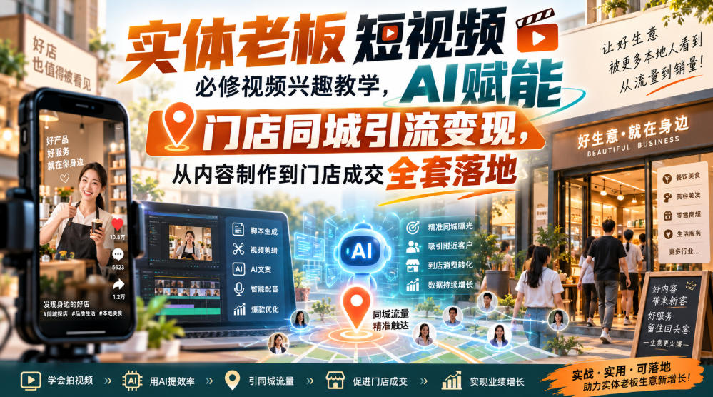 实体老板短视频必修视频兴趣教学，AI赋能门店同城引流变现，AI+短视频+直播打爆实体客流量-爱搭资源网