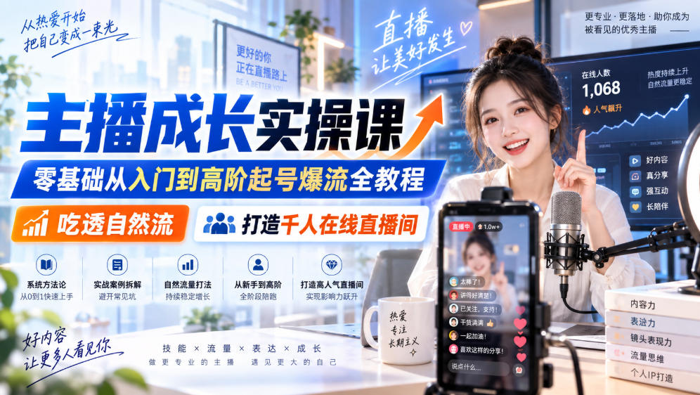主播成长实操课｜零基础从入门到高阶起号爆流全教程，吃透自然流，打造千人在线直播间-爱搭资源网