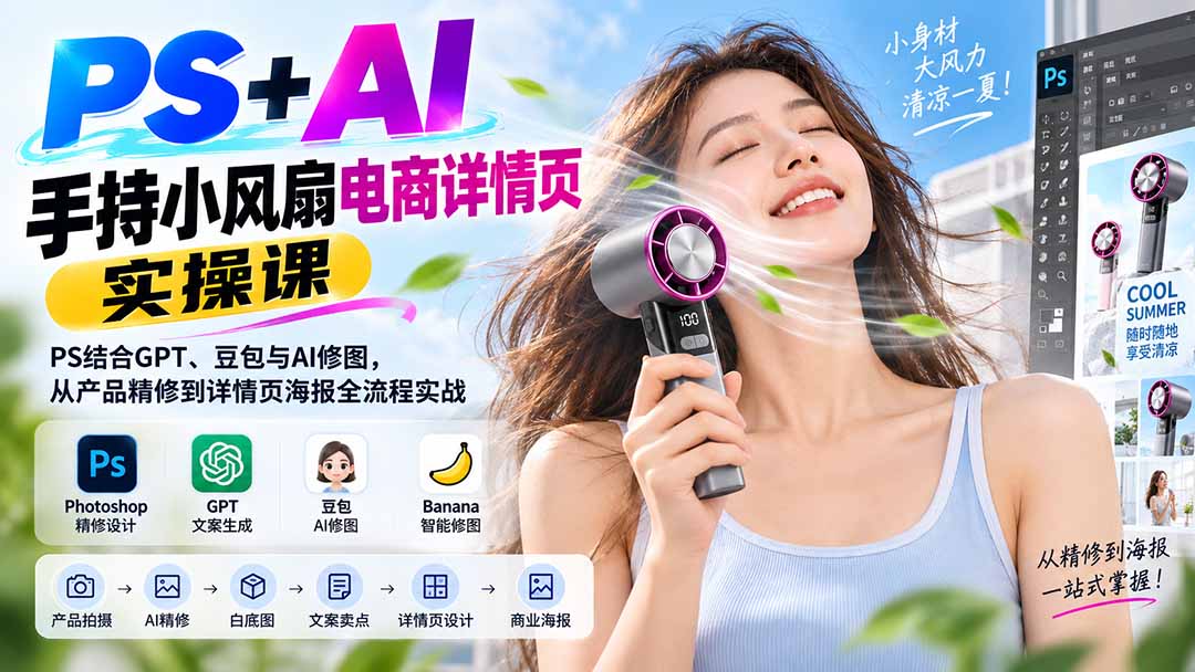 PS+AI手持小风扇电商详情页实操课：PS结合GPT、豆包与AI修图，从产品精修到详情页海报全流程实战-爱搭资源网