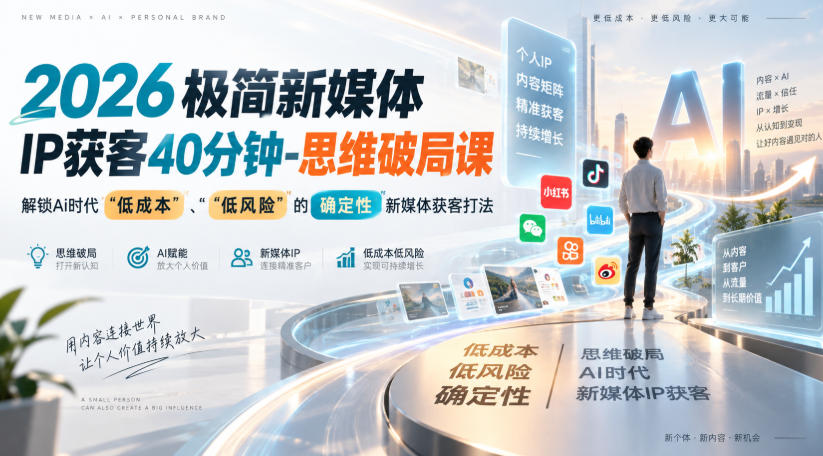 2026极简新媒体IP获客40分钟-思维破局课，解锁Ai时代“低成本”、“低风险”的确定性新媒体获客打法-爱搭资源网