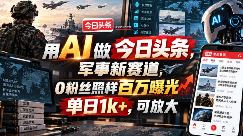 用AI做今日头条，军事新赛道，0粉丝照样百万曝光，单日1k+，可放大-爱搭资源网
