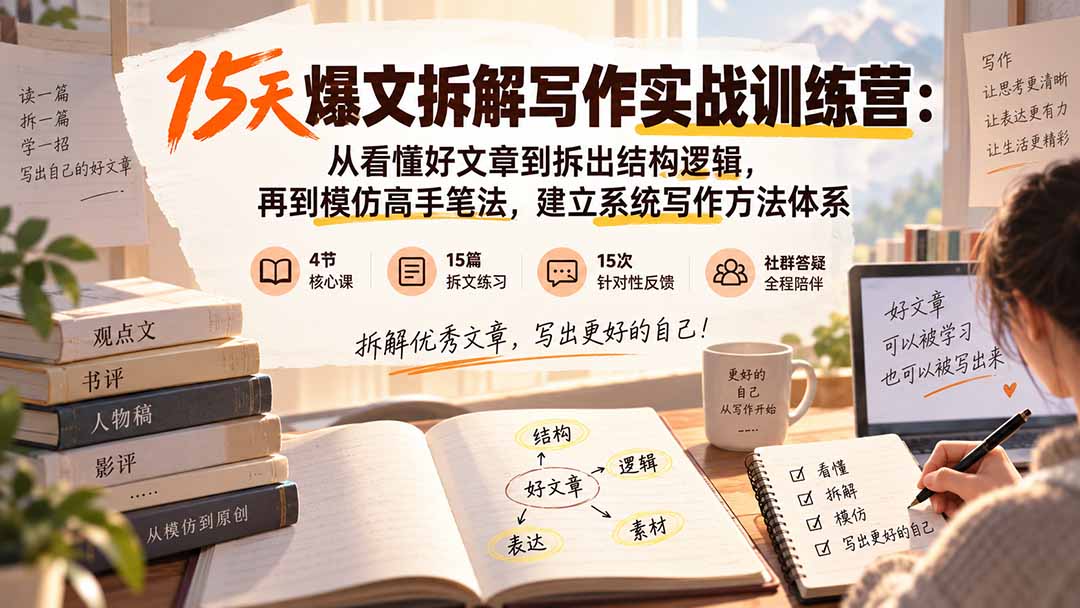 15天爆文拆解写作实战训练营：从看懂好文章到拆出结构逻辑，再到模仿高手笔法，建立系统写作方法体系-爱搭资源网