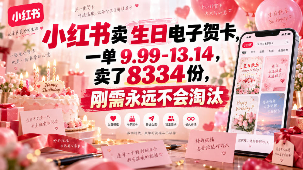 小红书卖生日电子贺卡，一单9.99-13.14，卖了8334份，刚需永远不会淘汰-爱搭资源网