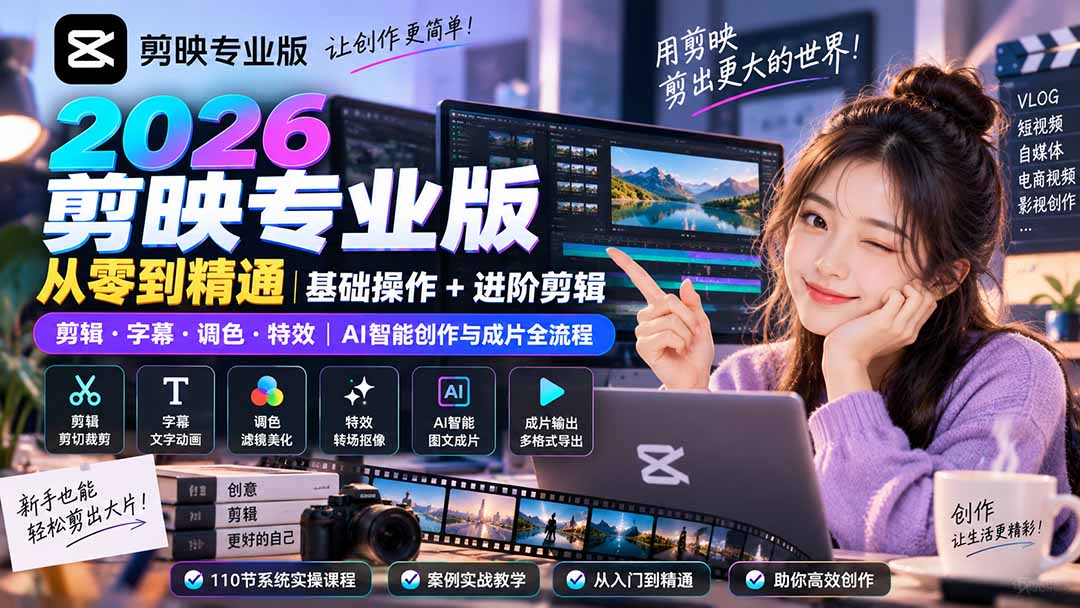 2026剪映专业版从零到精通｜基础操作+进阶剪辑｜剪辑·字幕·调色·特效｜AI智能创作与成片全流程-爱搭资源网