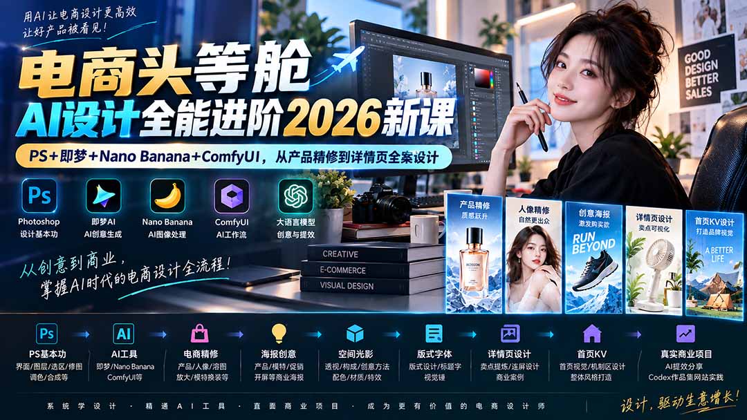 电商头等舱AI设计全能进阶2026新课：PS+即梦+Nano Banana+ComfyUI，从产品精修到详情页全案设计-爱搭资源网