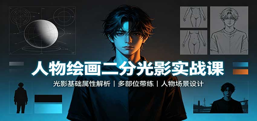 人物绘画二分光影实战课：光影基础属性解析，多部位带练，人物场景设计-爱搭资源网