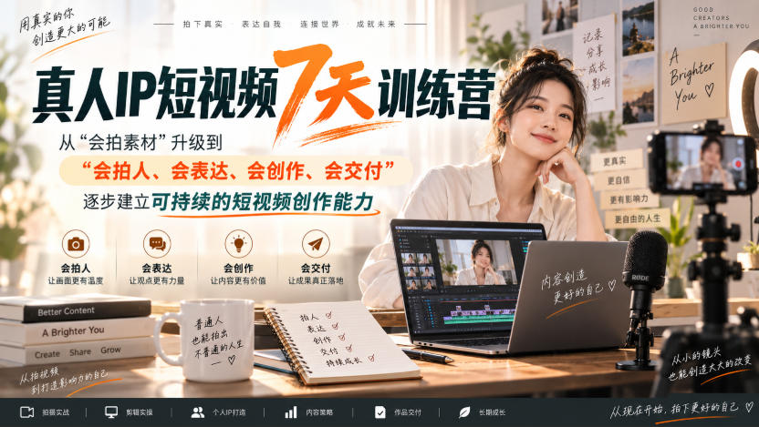 真人IP短视频7天训练营，从“会拍素材”升级到“会拍人、会表达、会创作、会交付”，逐步建立可持续的短视频创作能力-爱搭资源网