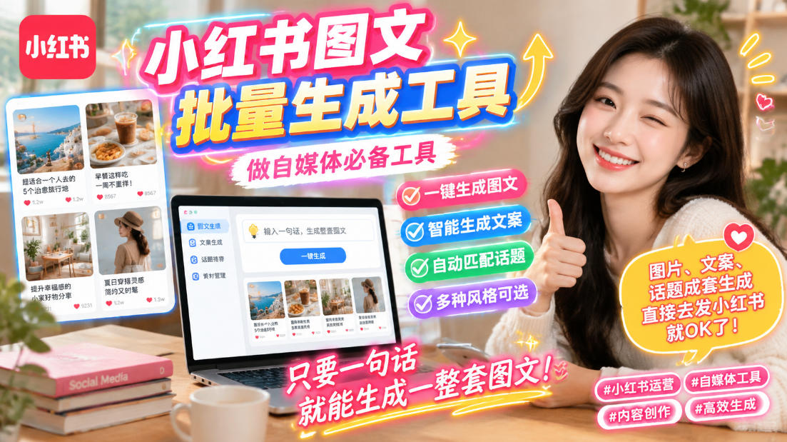 小红书图文批量生成工具，话题、文案、配图一键生成，直接发布，做自媒体必备工具-爱搭资源网