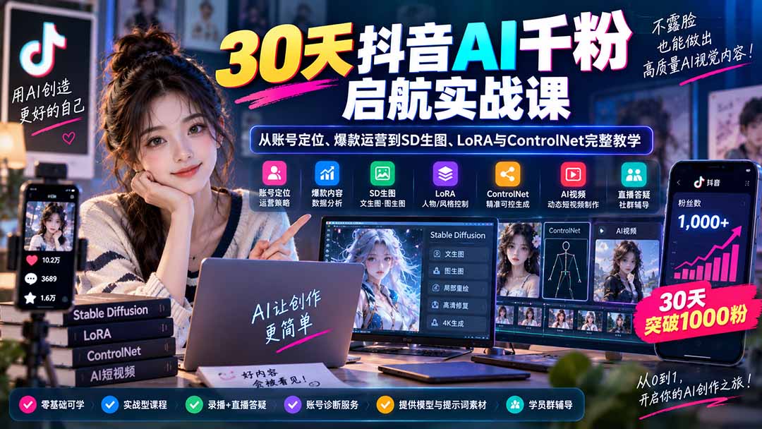 30天抖音AI千粉启航实战课：从账号定位、爆款运营到SD生图、LoRA与ControlNet完整教学-爱搭资源网