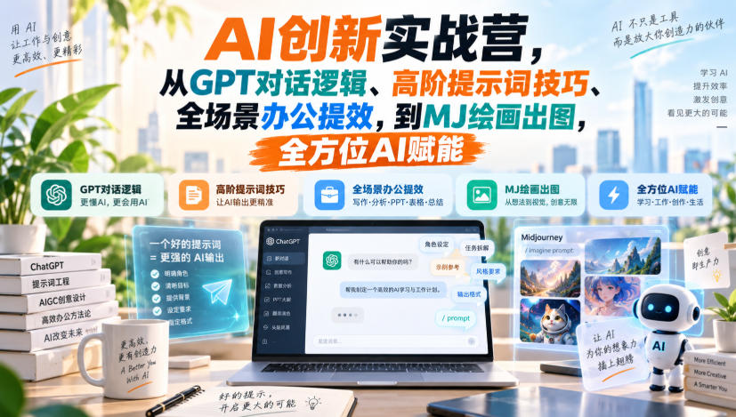 AI创新实战营，从GPT对话逻辑、高阶提示词技巧、全场景办公提效，到MJ绘画出图，全方位AI赋能-爱搭资源网