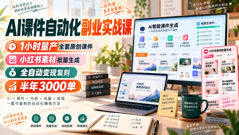 AI课件自动化副业实战课，1小时量产全套原创课件，小红书素材批量生成，全自动变现复刻，半年3000单-爱搭资源网