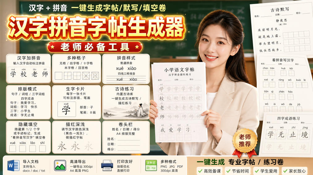 学习神器，汉字拼音字帖生成器，汉字+拼音 一键生成字帖/默写/填空卷，支持词组、成语，老师、家长必备-爱搭资源网