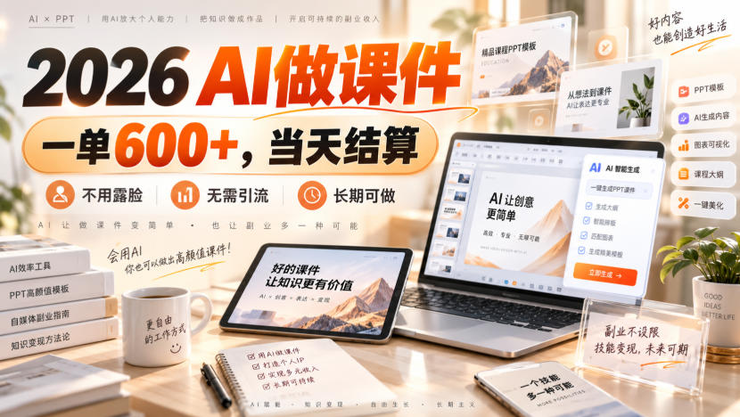 2026 AI做课件，一单600+，当天结算，不用露脸，无需引流，长期可做【揭秘】-爱搭资源网