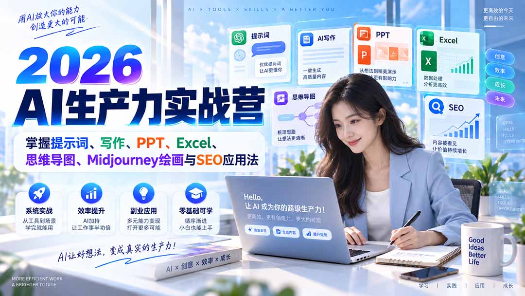 2026AI生产力实战营：掌握提示词、写作、PPT、Excel、思维导图、Midjourney绘画与SEO应用法-爱搭资源网