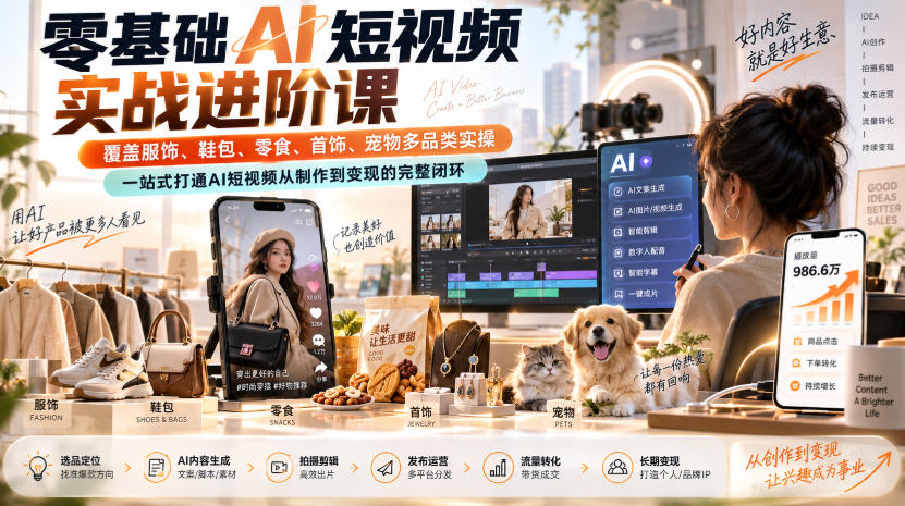 零基础AI短视频实战进阶课，覆盖服饰、鞋包、零食、首饰、宠物多品类实操，一站式打通AI短视频从制作到变现的完整闭环-爱搭资源网