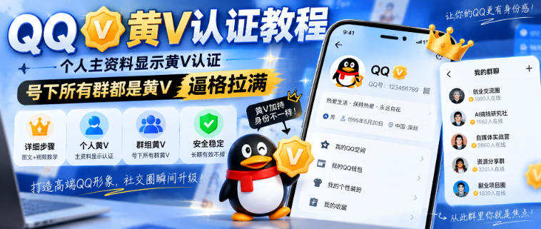 QQ黄V认证教程，个人主资料显示黄V认证，号下所有群都是黄V，逼格拉满-爱搭资源网