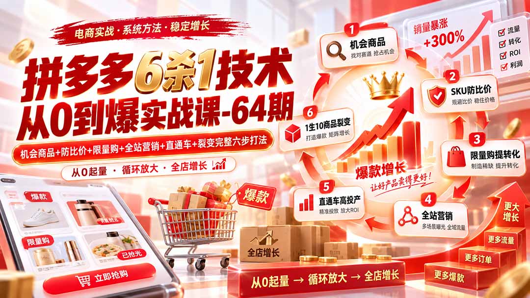 拼多多6杀1技术从0到爆实战课-64期：机会商品+防比价+限量购+全站营销+直通车+裂变完整六步打法-爱搭资源网