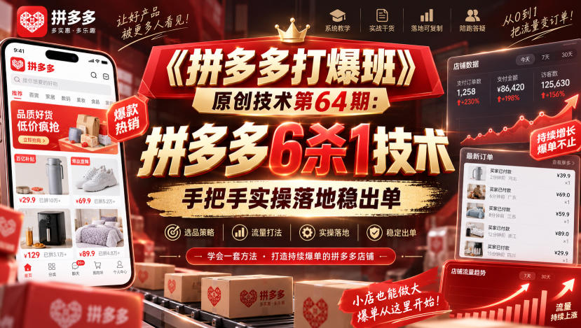 《拼多多打爆班》原创技术第64期：拼多多6杀1技术，手把手实操落地稳出单-爱搭资源网