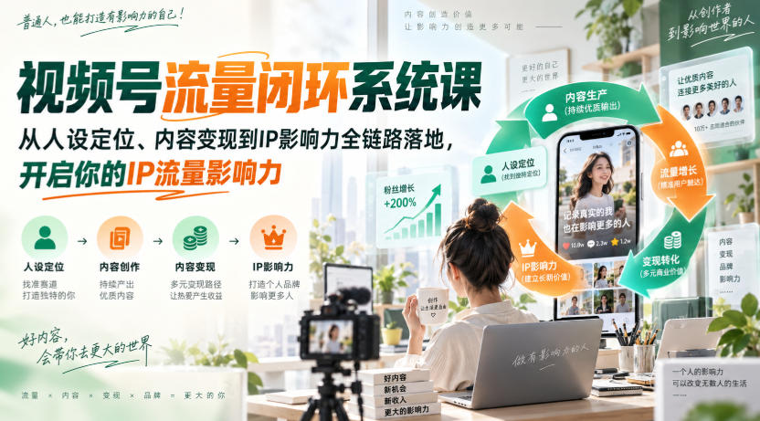 视频号流量闭环系统课，从人设定位、内容变现到IP影响力全链路落地，开启你的IP流量影响力-爱搭资源网
