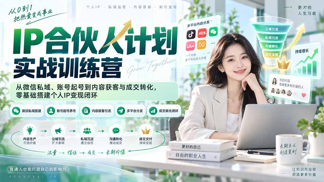 IP合伙人计划实战训练营-更新：从微信私域、账号起号到内容获客与成交转化，零基础搭建个人IP变现闭环-爱搭资源网