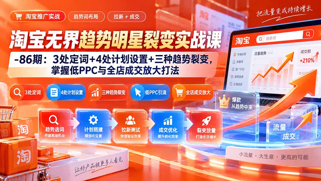 淘宝无界趋势明星裂变实战课-86期：3处定词+4处计划设置+三种趋势裂变，掌握低PPC与全店成交放大打法-爱搭资源网