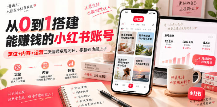 从0到1搭建能賺钱的小红书账号，定位+内容+运营三天跑通变现闭环-爱搭资源网