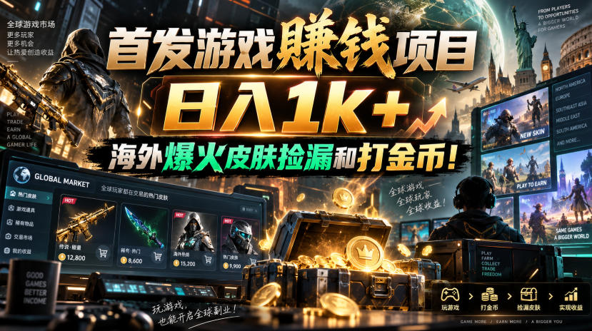 首发游戏賺钱项目，日入1k+，海外爆火皮肤捡漏和打金币！【揭秘】-爱搭资源网