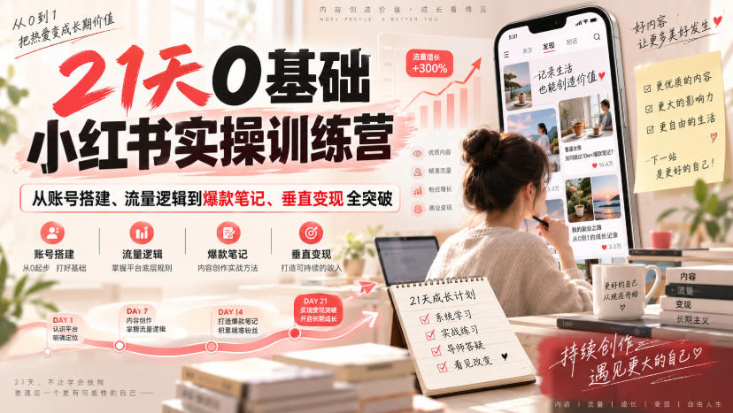 21天0基础小红书实操训练营｜从账号搭建、流量逻辑到爆款笔记、垂直变现全突破-爱搭资源网