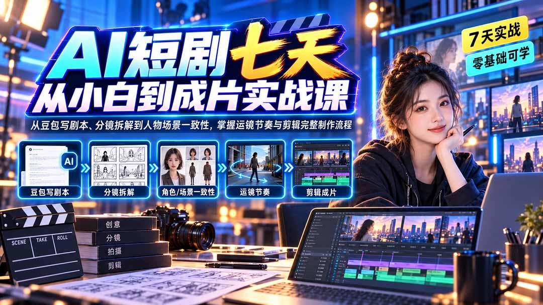 AI短剧七天从小白到成片实战课：从豆包写剧本、分镜拆解到人物场景一致性，掌握运镜节奏与剪辑完整制作流程-爱搭资源网