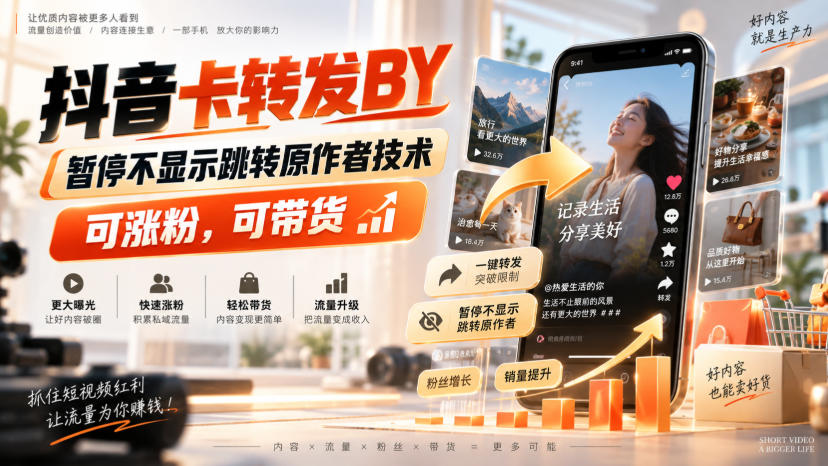 抖音卡转发搬运，暂停不显示跳转原作者技术，可涨粉，可带货-爱搭资源网