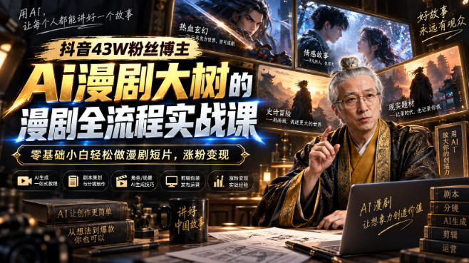 抖音43W粉丝博主Ai漫剧大树的漫剧制作全流程实战课，零基础小白轻松做漫剧短片，涨粉变现-爱搭资源网