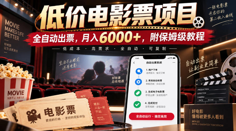 低价电影票项目，全自动出票，月入6000+，附保姆级教程【揭秘】-爱搭资源网