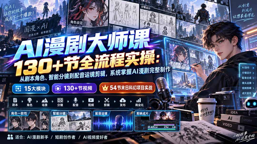 AI漫剧大师课130+节全流程实操：从剧本角色、智能分镜到配音运镜剪辑，系统掌握AI漫剧完整制作-爱搭资源网